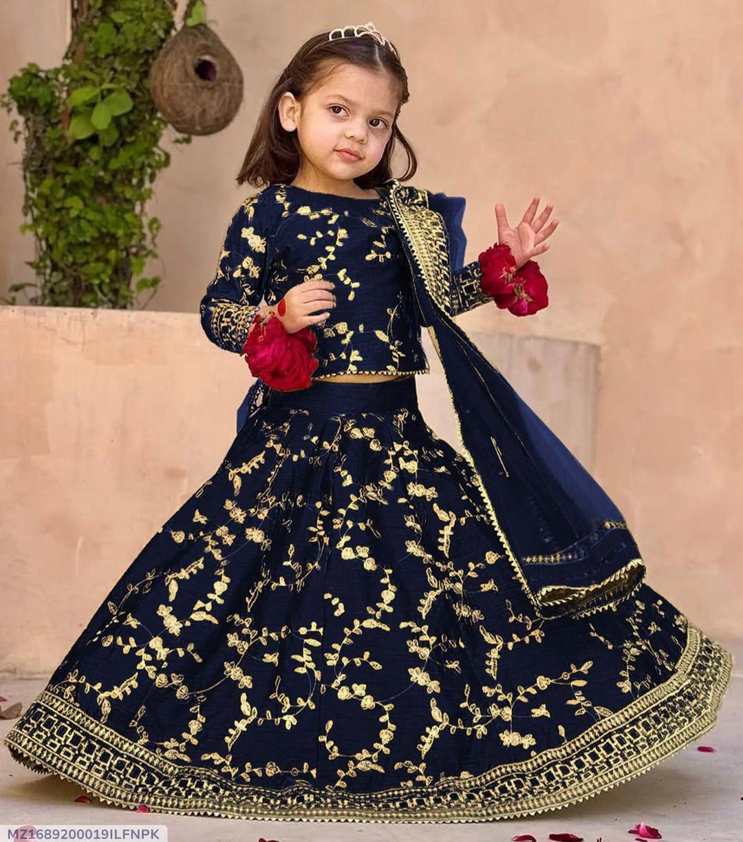 Navy Blue Raw Silk Embroidered 3-Piece Set for Girls 7-12Y