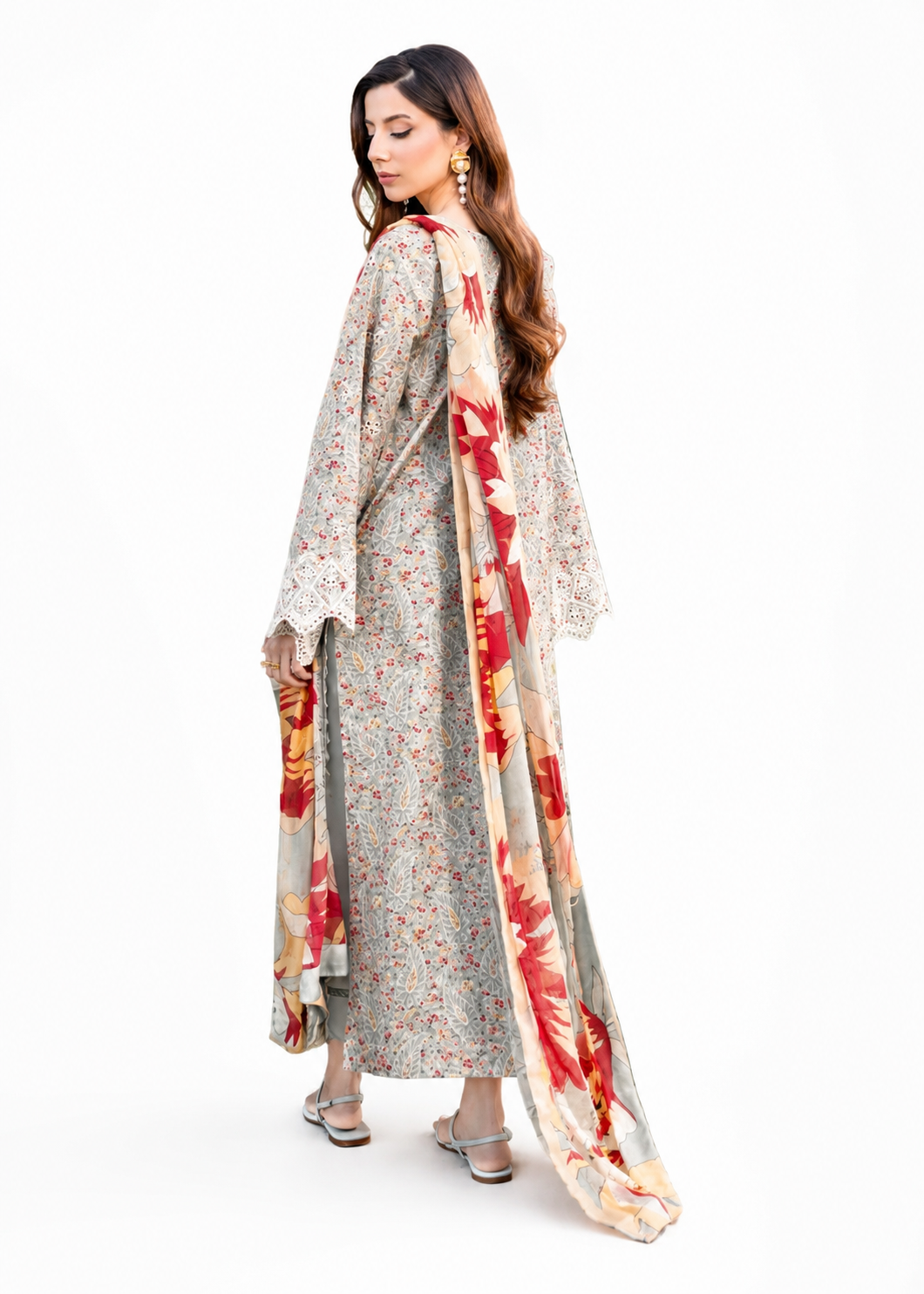 Light Grey Embroidered Lawn 3 Piece Unstitched Suit with Chiffon Dupatta