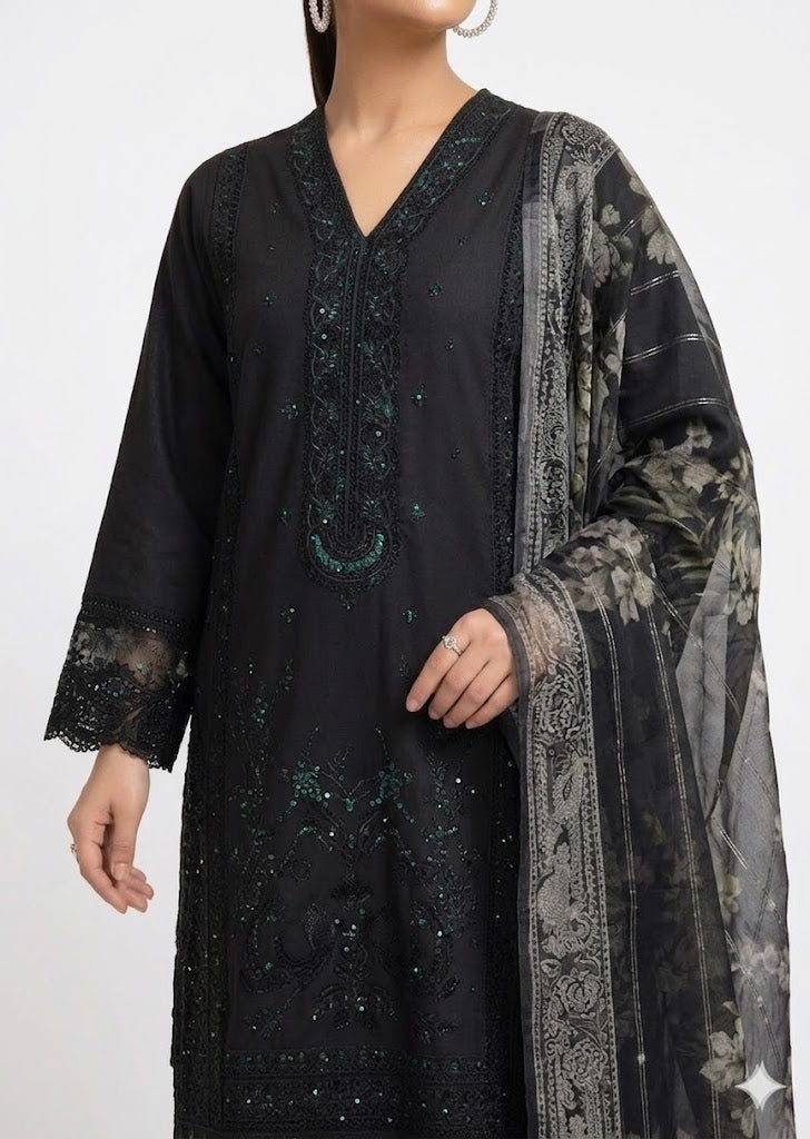 Black Embroidered Lawn Kurta Set with Leno Kara Dupatta – 3 Piece