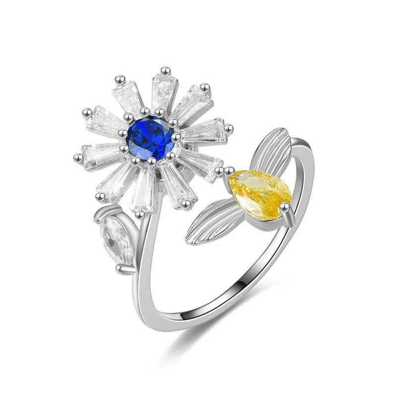 Titanium Stainless Steel Ring For Women Rotate Rotating Anxiety Fidget Adjustable Rings Silver Color Jewelry Lovely Flower Bee