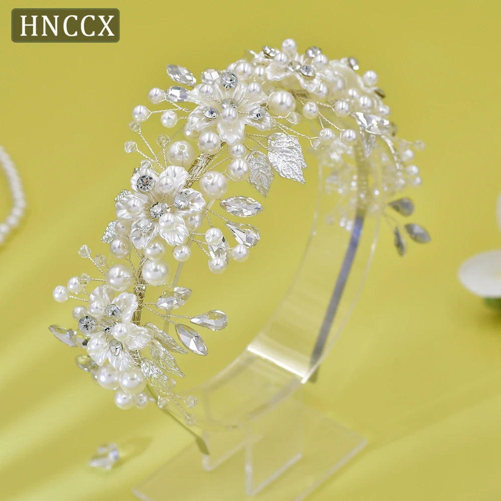 HNCCX Silver Color Alloy Leaves Hair Accessories For Elegant Girls Bride Wedding Hair Jewelry Pearl Headpieces