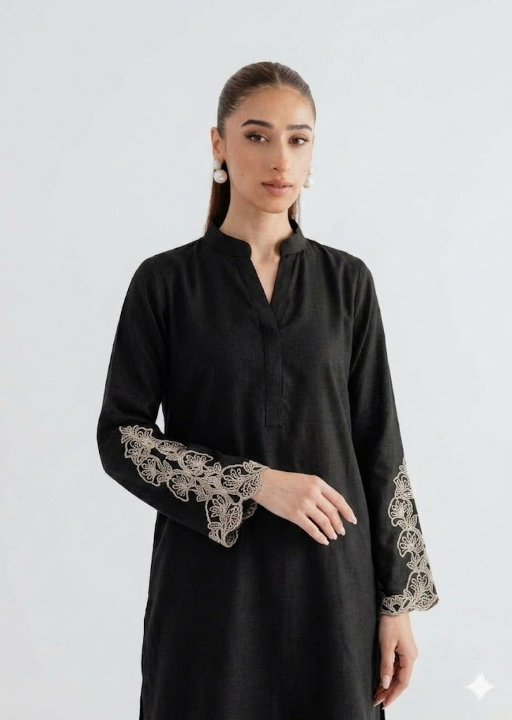 Black Embroidered Linen Co-Ord Set