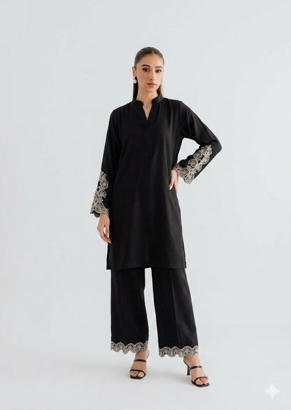 Black Embroidered Linen Co-Ord Set