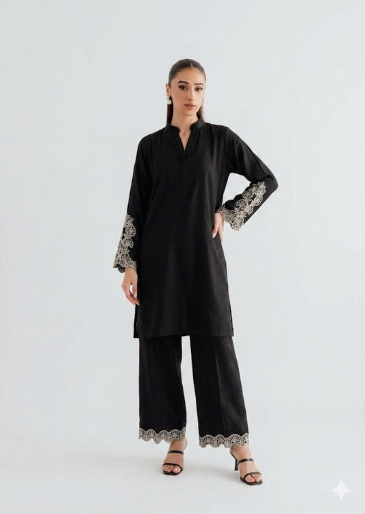 Black Embroidered Linen Co-Ord Set