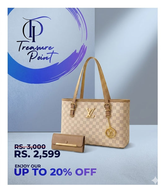 Women's Beige Checkered Shoulder Bag with Gold Plated Hardware
