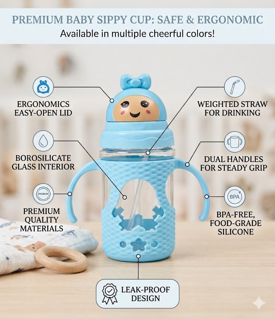 Kids Feeder Blue Silicone Straw Drinking Set