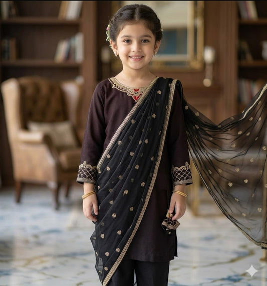 Black Embroidered 3Pcs Girl's Shamoz Silk Suit