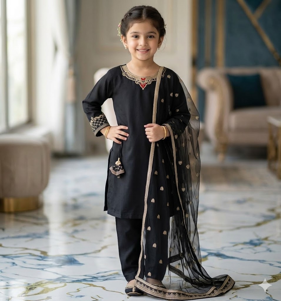 Black Embroidered 3Pcs Girl's Shamoz Silk Suit