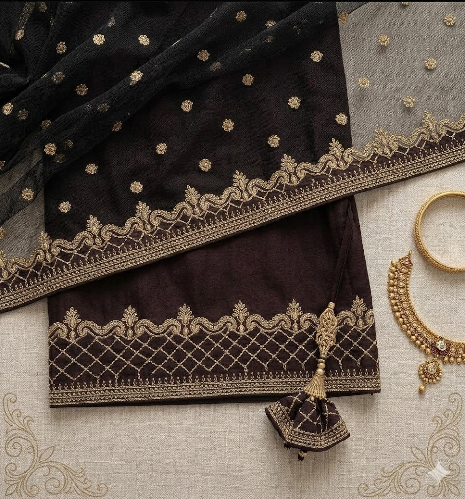 Black Embroidered 3Pcs Girl's Shamoz Silk Suit