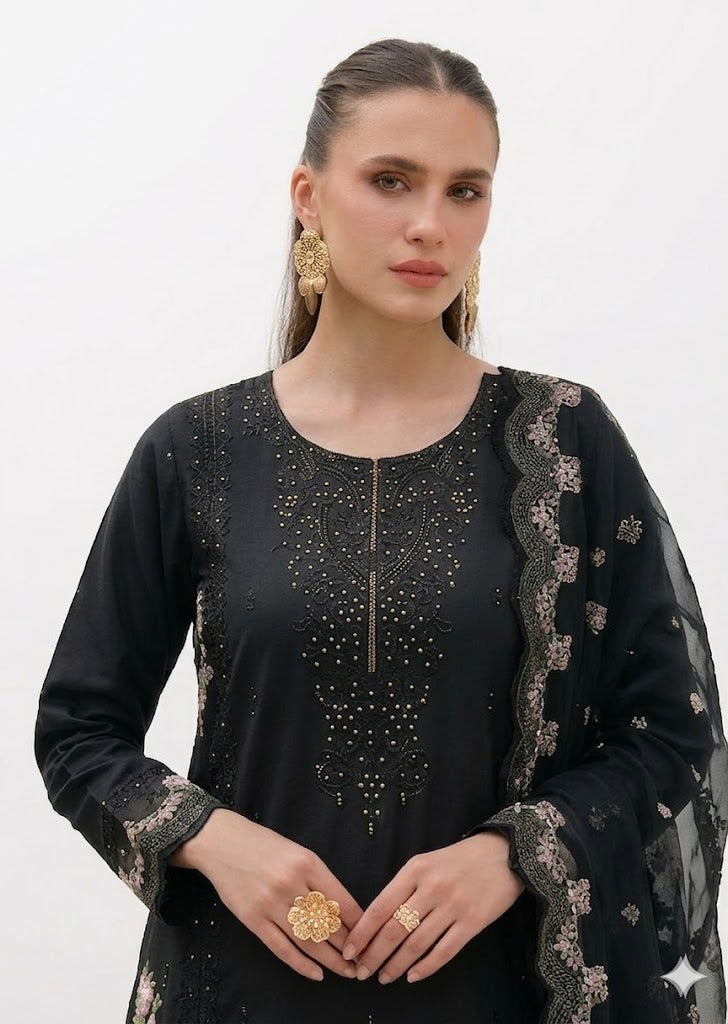 Black Embroidered Lawn 3 Piece Suit for Women  Long Kurta & Leno Kara Dupatta