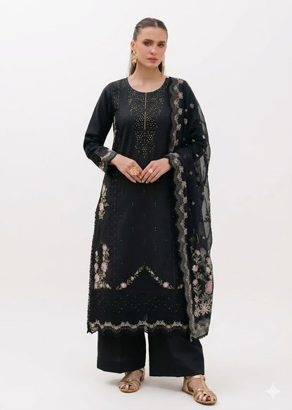 Black Embroidered Lawn 3 Piece Suit for Women  Long Kurta & Leno Kara Dupatta