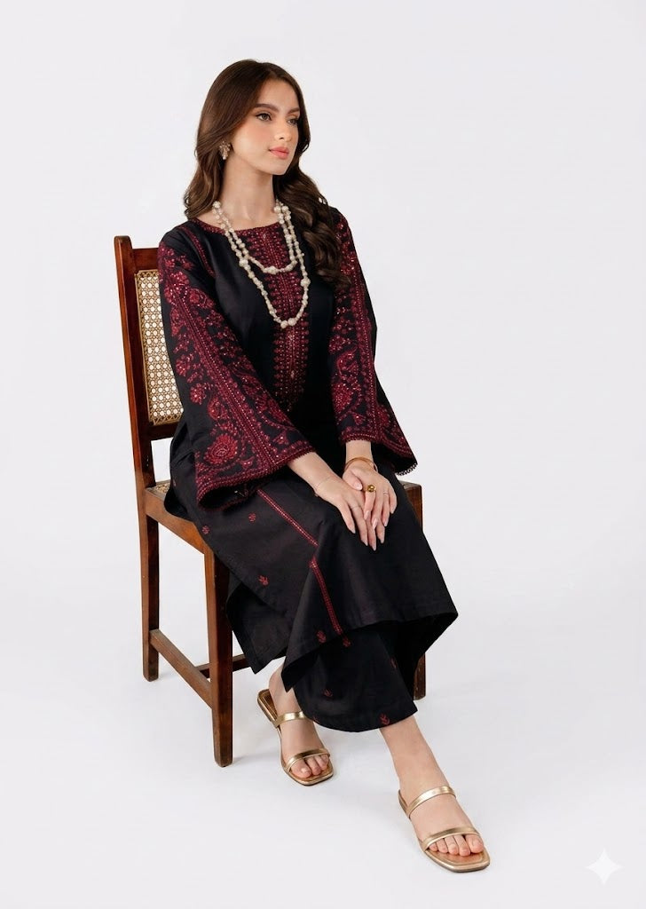 Black Embroidered Linen Kurta Set