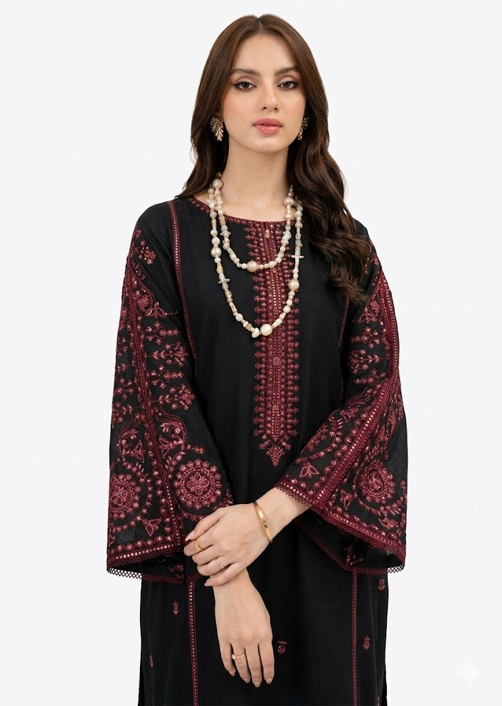 Black Embroidered Linen Kurta Set