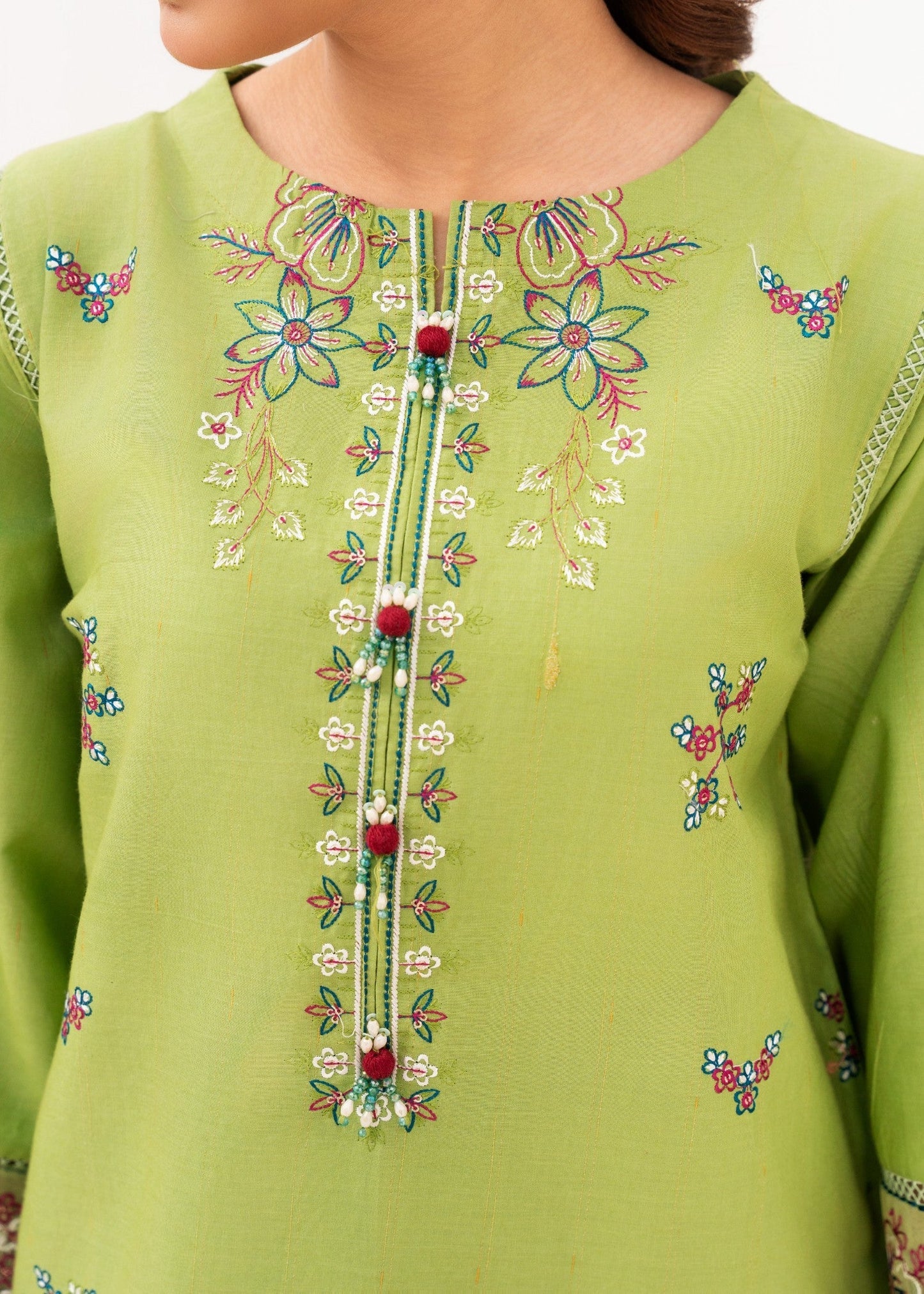 Pastel Green Embroidered Cambric Cotton 2-Piece Suit | Ready-to-Wear Women's Dress
