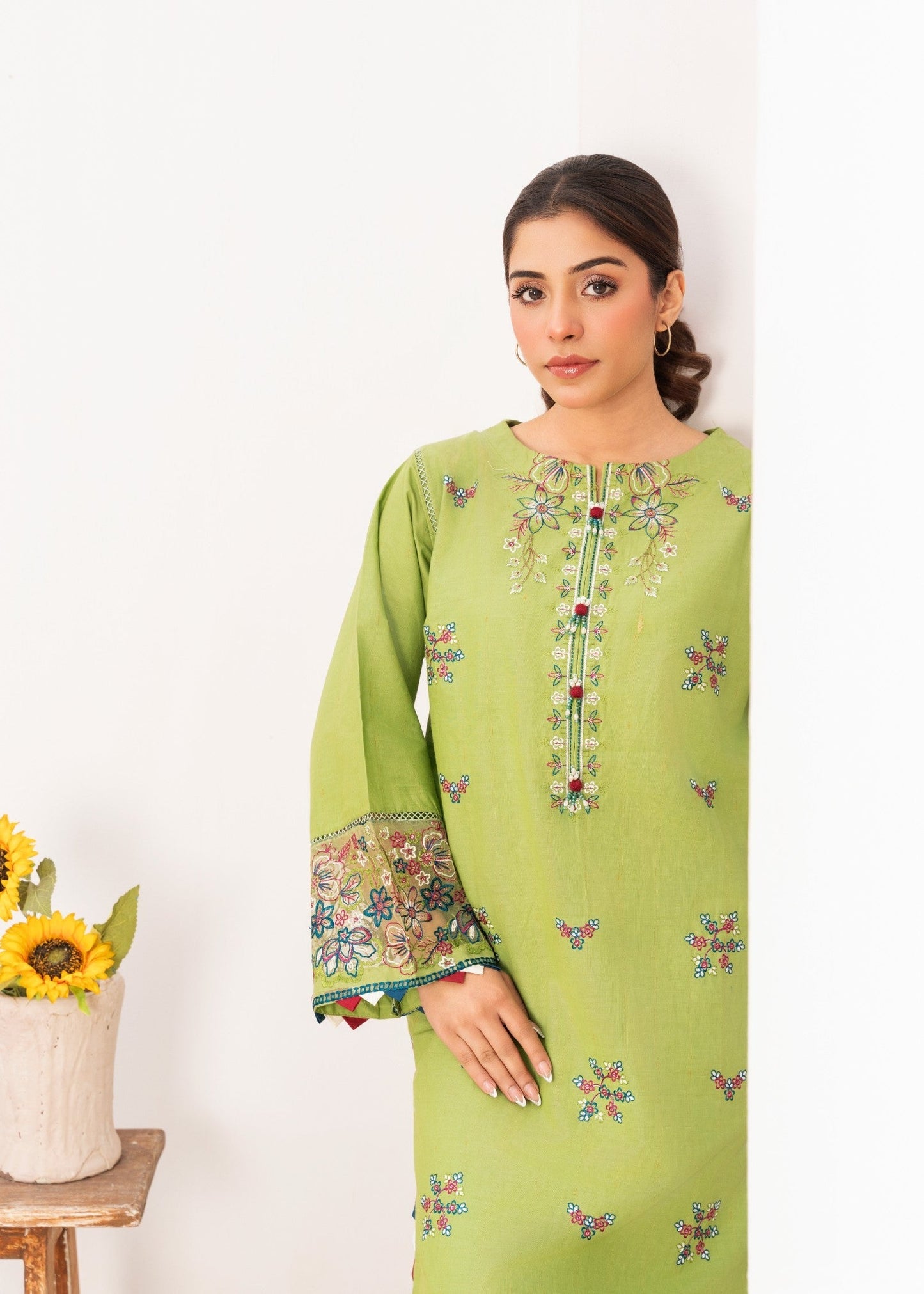 Pastel Green Embroidered Cambric Cotton 2-Piece Suit | Ready-to-Wear Women's Dress