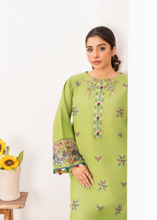 Pastel Green Embroidered Cambric Cotton 2-Piece Suit | Ready-to-Wear Women's Dress
