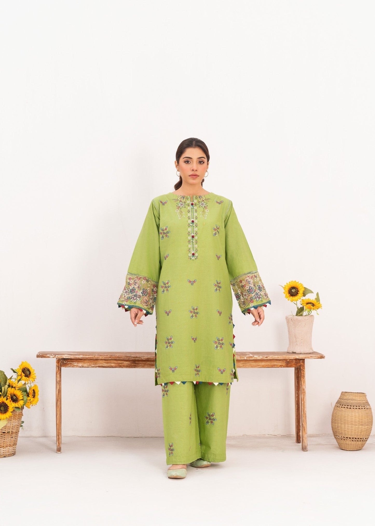 Pastel Green Embroidered Cambric Cotton 2-Piece Suit | Ready-to-Wear Women's Dress