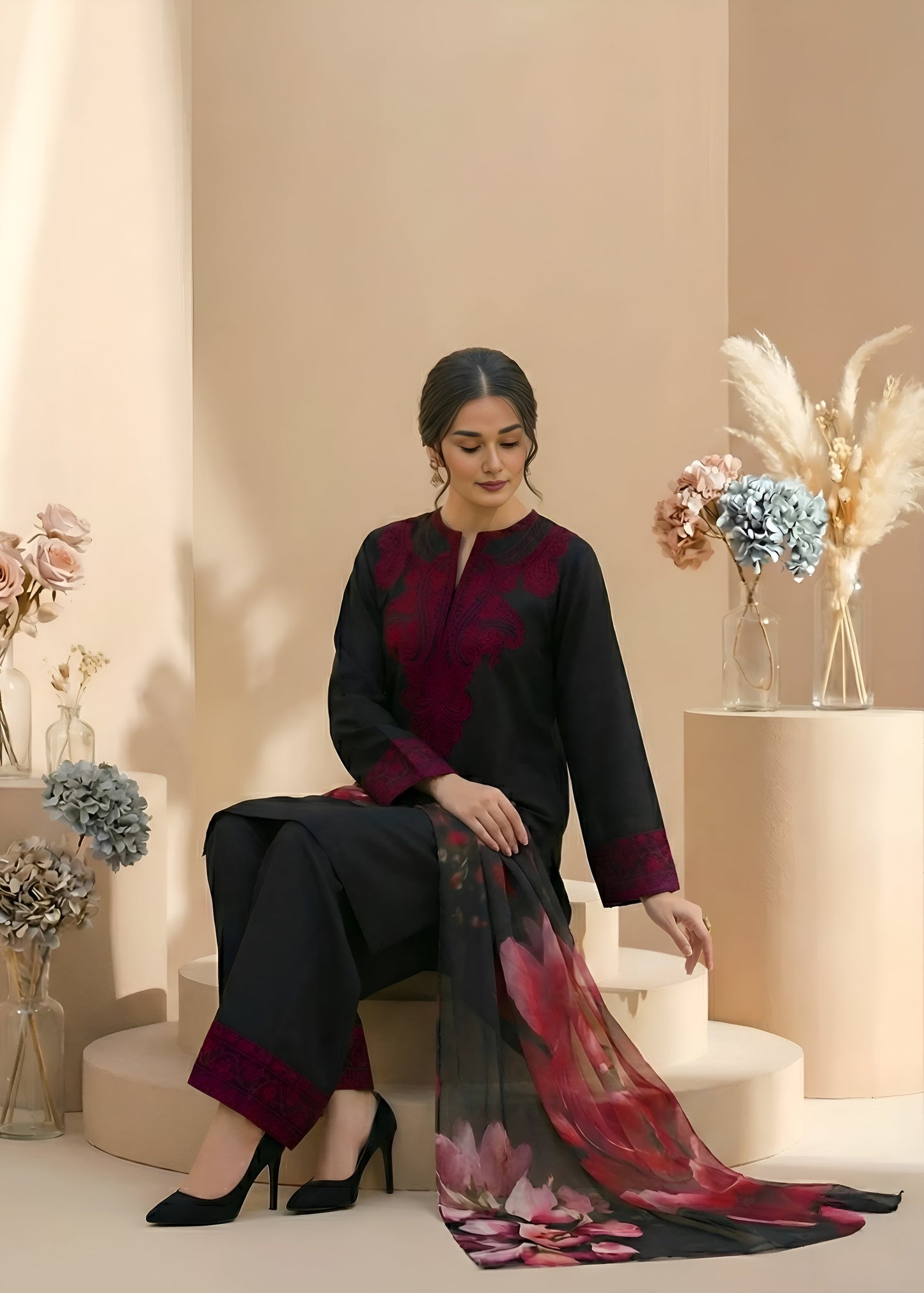 Elegant Black Embroidered 3-Piece Suit