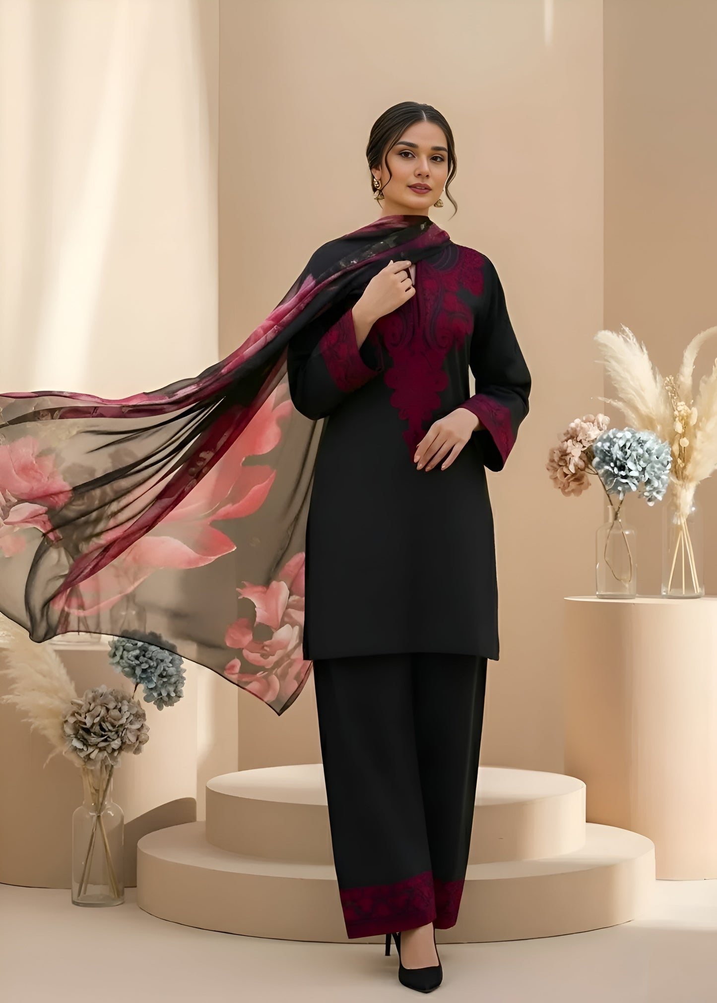 Elegant Black Embroidered 3-Piece Suit