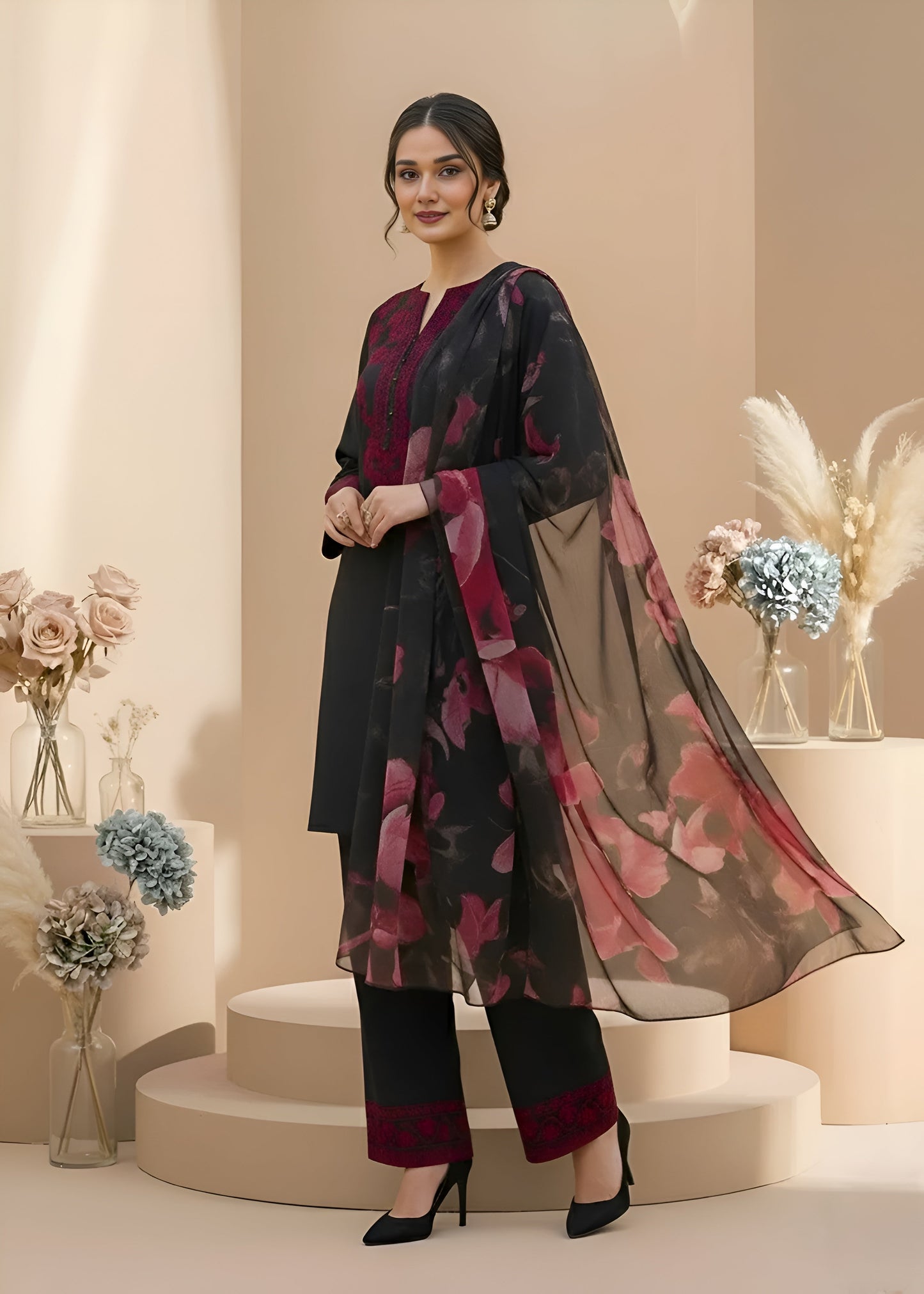 Elegant Black Embroidered 3-Piece Suit