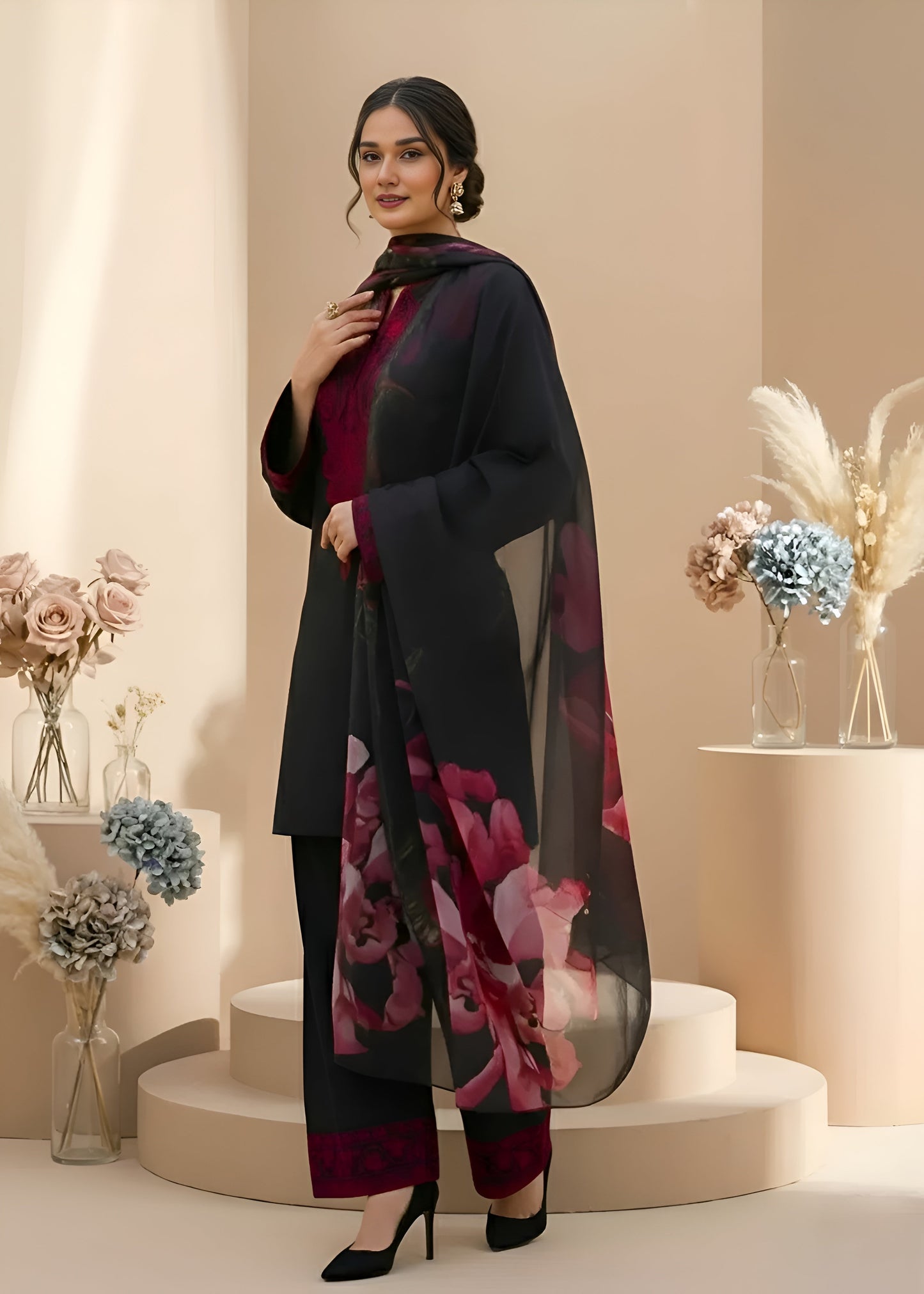 Elegant Black Embroidered 3-Piece Suit