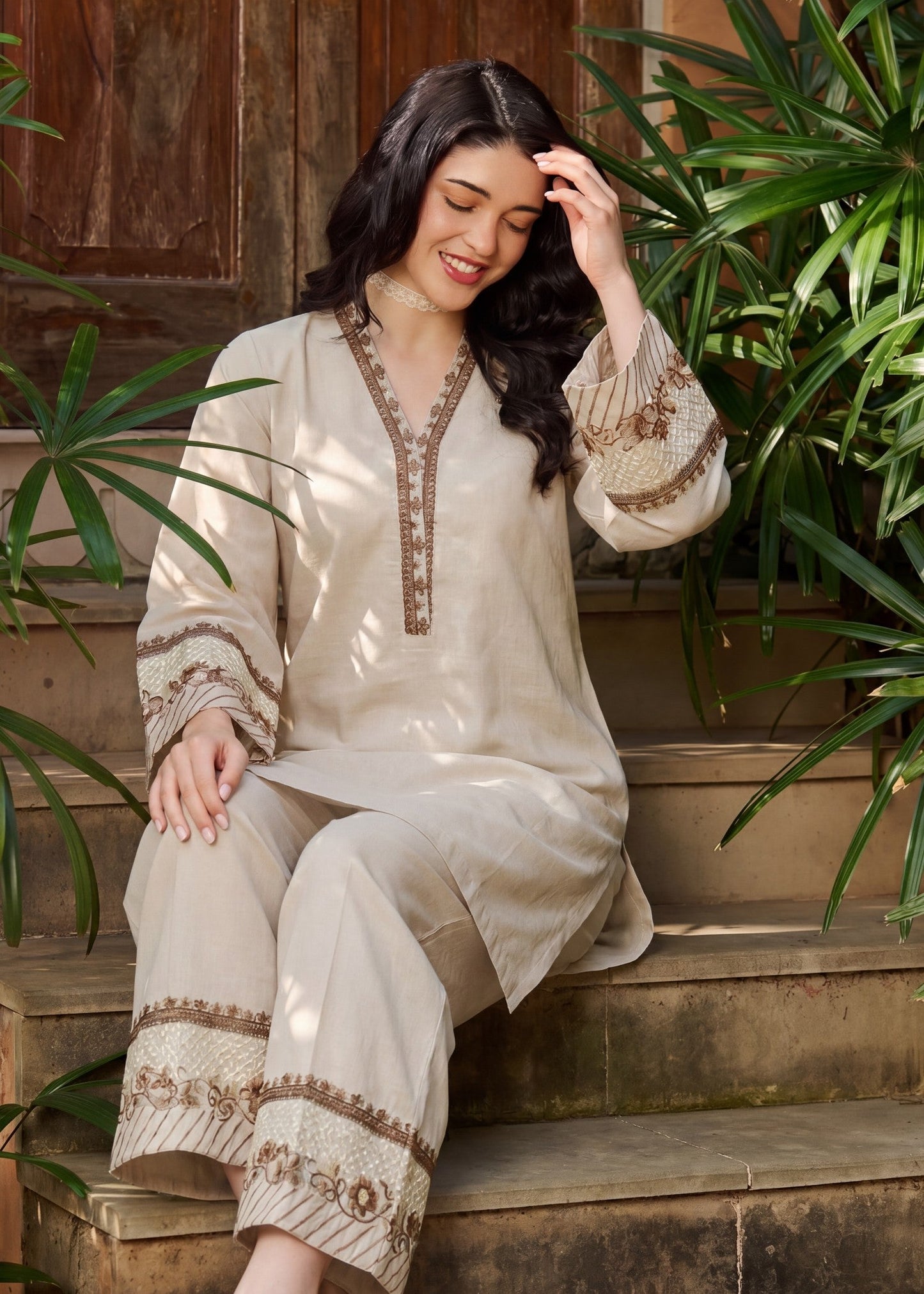 Elegant Ivory Embroidered Cotton Suit – Everyday Chic 2-Piece Set