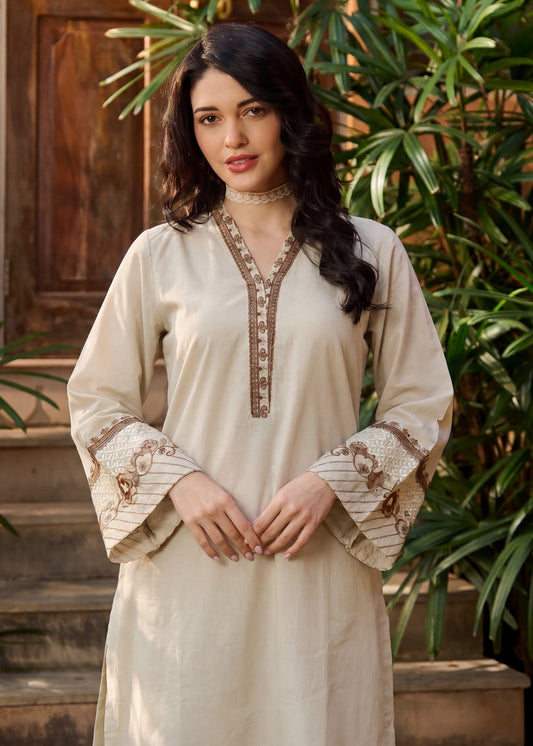 Elegant Ivory Embroidered Cotton Suit – Everyday Chic 2-Piece Set