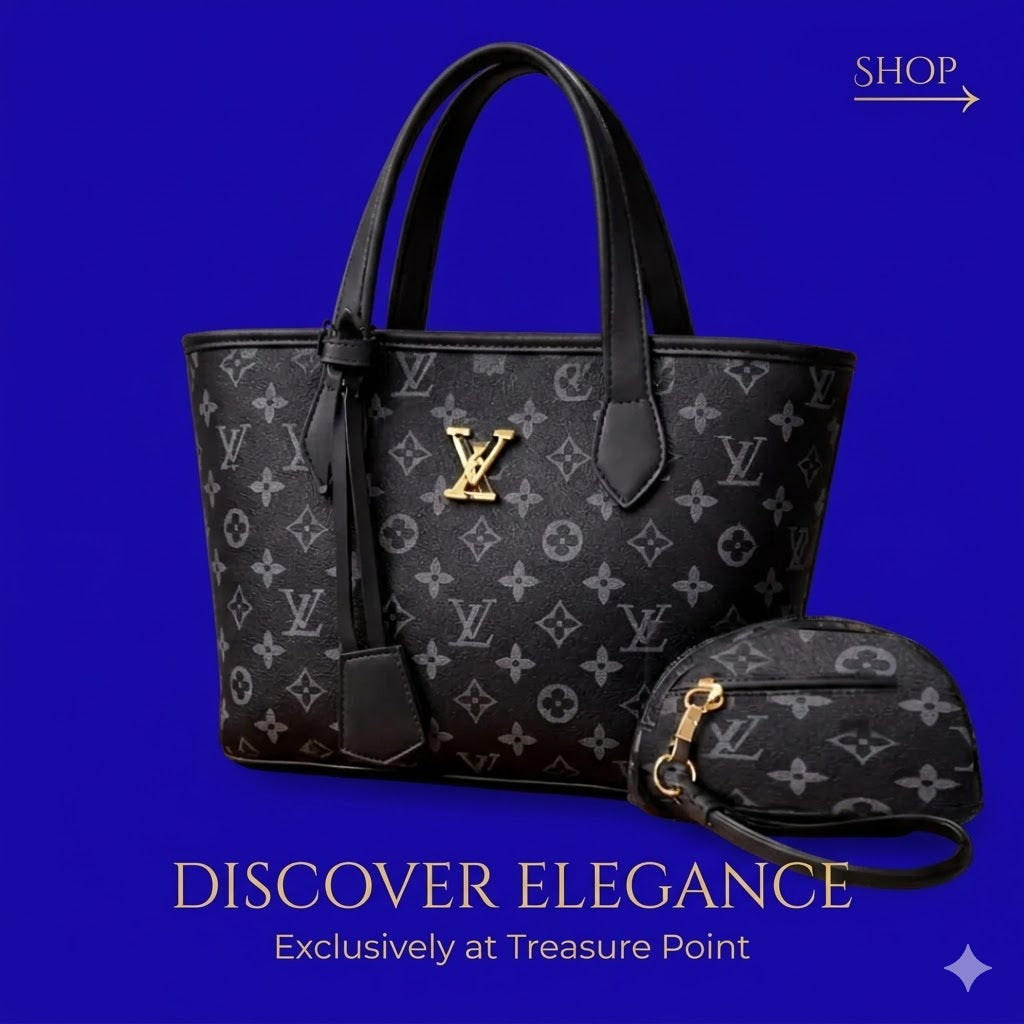 Women's Printed Handbag Set Black Brown Gold LV Logo