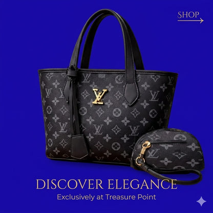 Women's Printed Handbag Set Black Brown Gold LV Logo