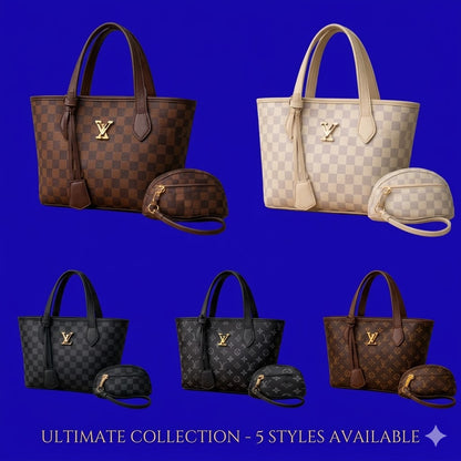 Women's Printed Handbag Set Black Brown Gold LV Logo