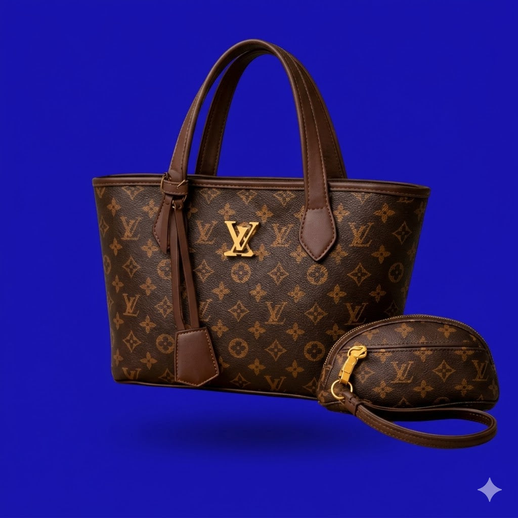 Women's Printed Handbag Set Black Brown Gold LV Logo