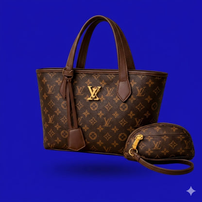 Women's Printed Handbag Set Black Brown Gold LV Logo