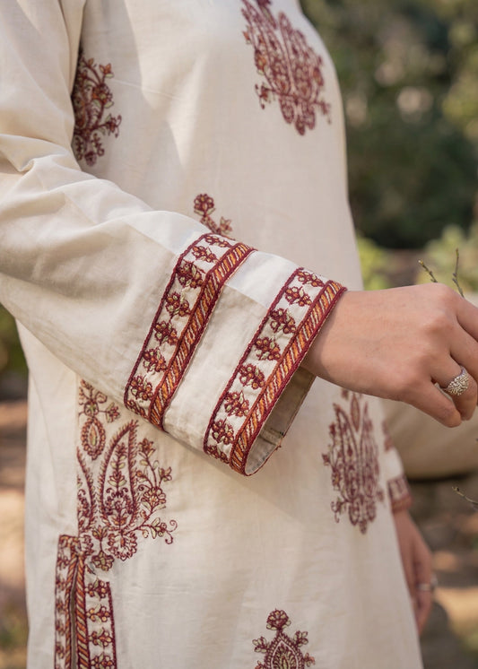 Ivory Embroidered Lawn 3-Piece Suit with Voile Dupatta