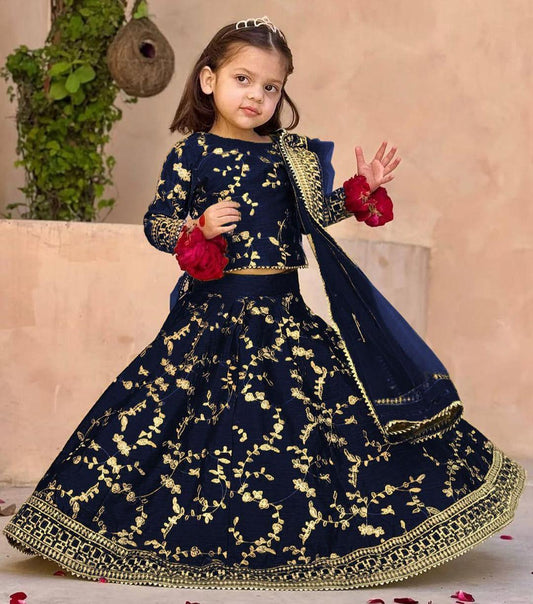 Navy Blue Raw Silk Embroidered 3-Piece Set for Girls 7-12Y