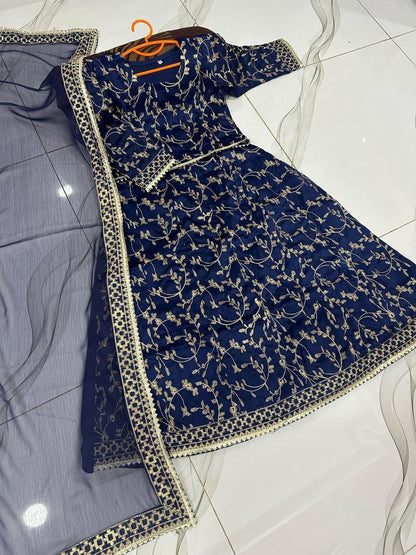 Navy Blue Raw Silk Embroidered 3-Piece Set for Girls 7-12Y