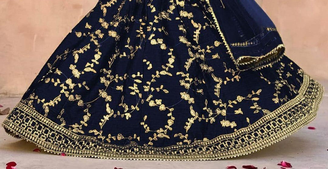 Navy Blue Raw Silk Embroidered 3-Piece Set for Girls 7-12Y