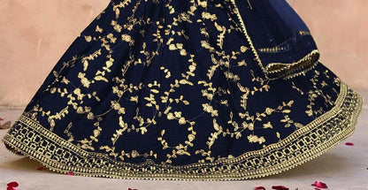 Navy Blue Raw Silk Embroidered 3-Piece Set for Girls 7-12Y