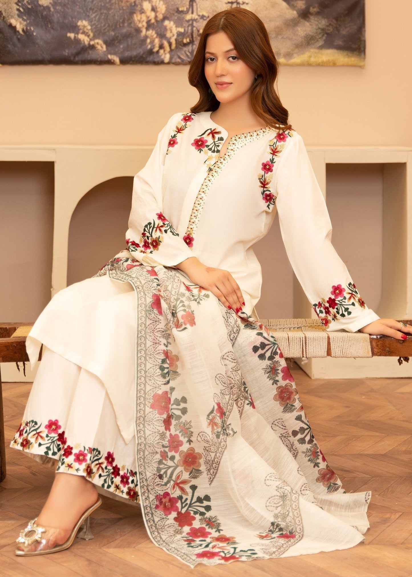 Kriti – Graceful Ivory Embroidered 3-Piece Suit