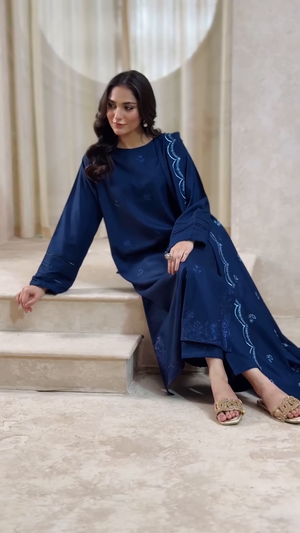Laleey Emb Blue Embroidered Linen 3-Piece Suit | Women's Ready-to-Wear