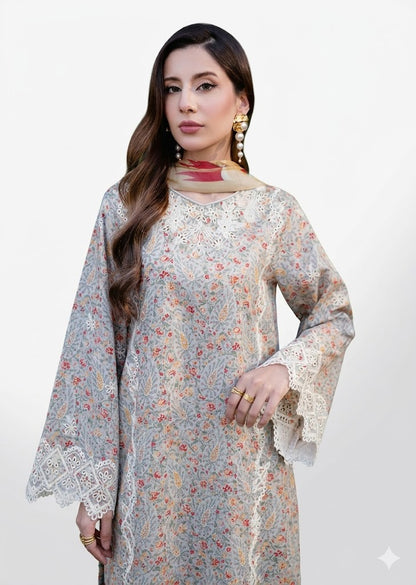 Light Grey Embroidered Lawn 3 Piece Unstitched Suit with Chiffon Dupatta