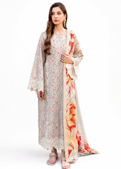 Light Grey Embroidered Lawn 3 Piece Unstitched Suit with Chiffon Dupatta