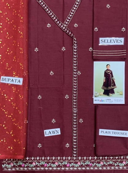 Maroon Embroidered Kurta Shalwar Set for Girls 8-10 Yr