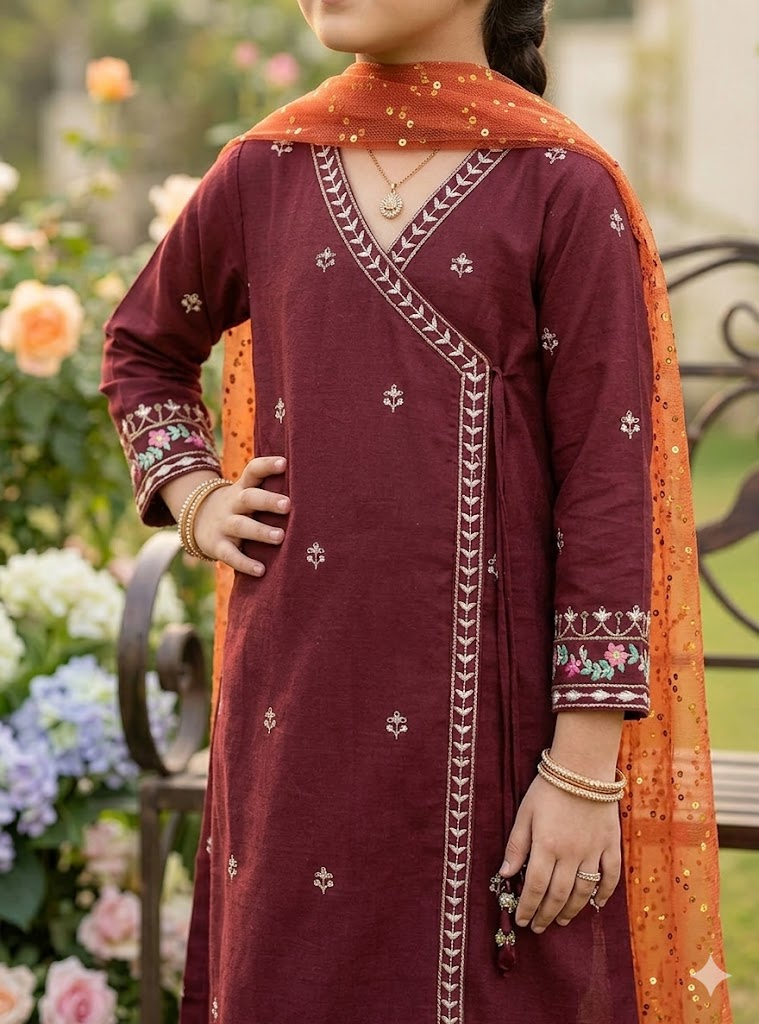 Maroon Embroidered Kurta Shalwar Set for Girls 8-10 Yr