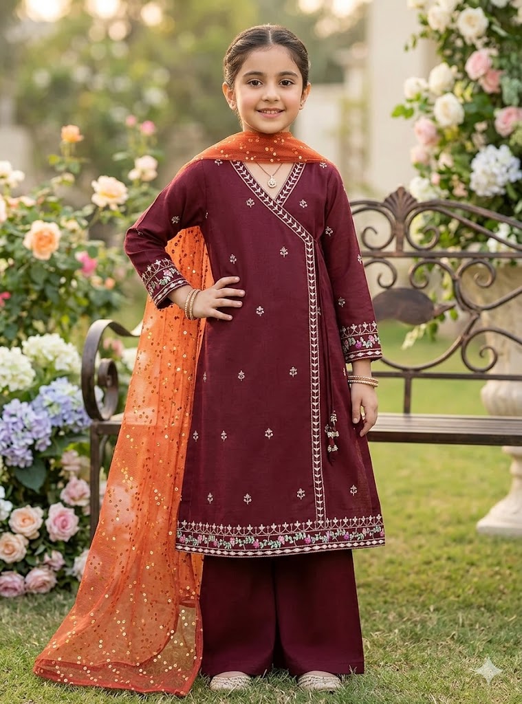 Maroon Embroidered Kurta Shalwar Set for Girls 8-10 Yr