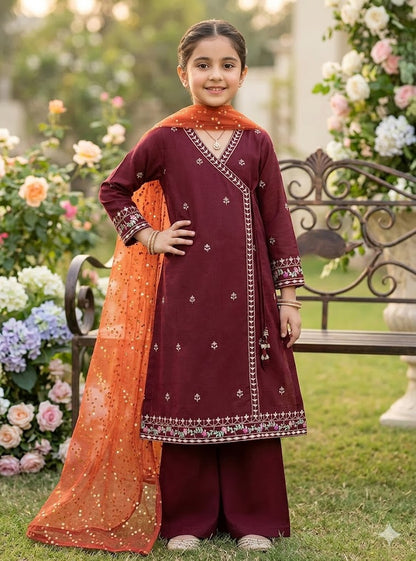 Maroon Embroidered Kurta Shalwar Set for Girls 8-10 Yr