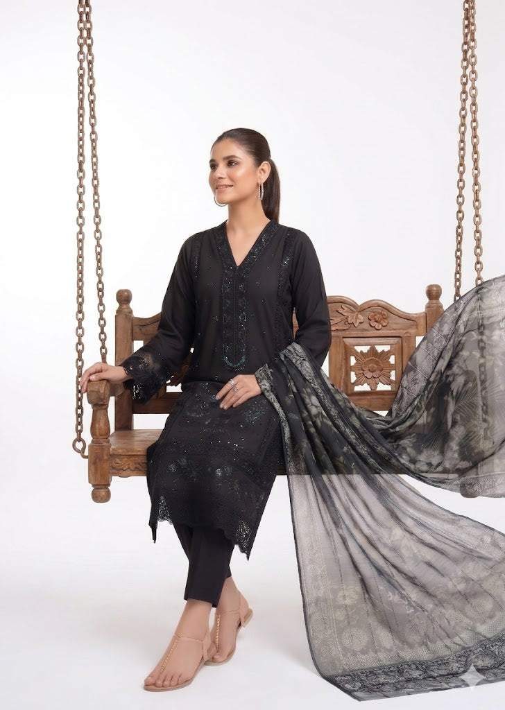 Black Embroidered Lawn Kurta Set with Leno Kara Dupatta – 3 Piece