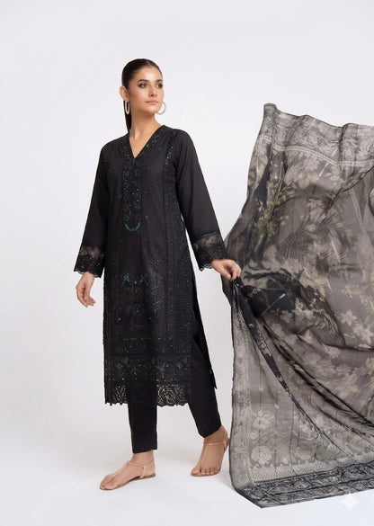 Black Embroidered Lawn Kurta Set with Leno Kara Dupatta – 3 Piece