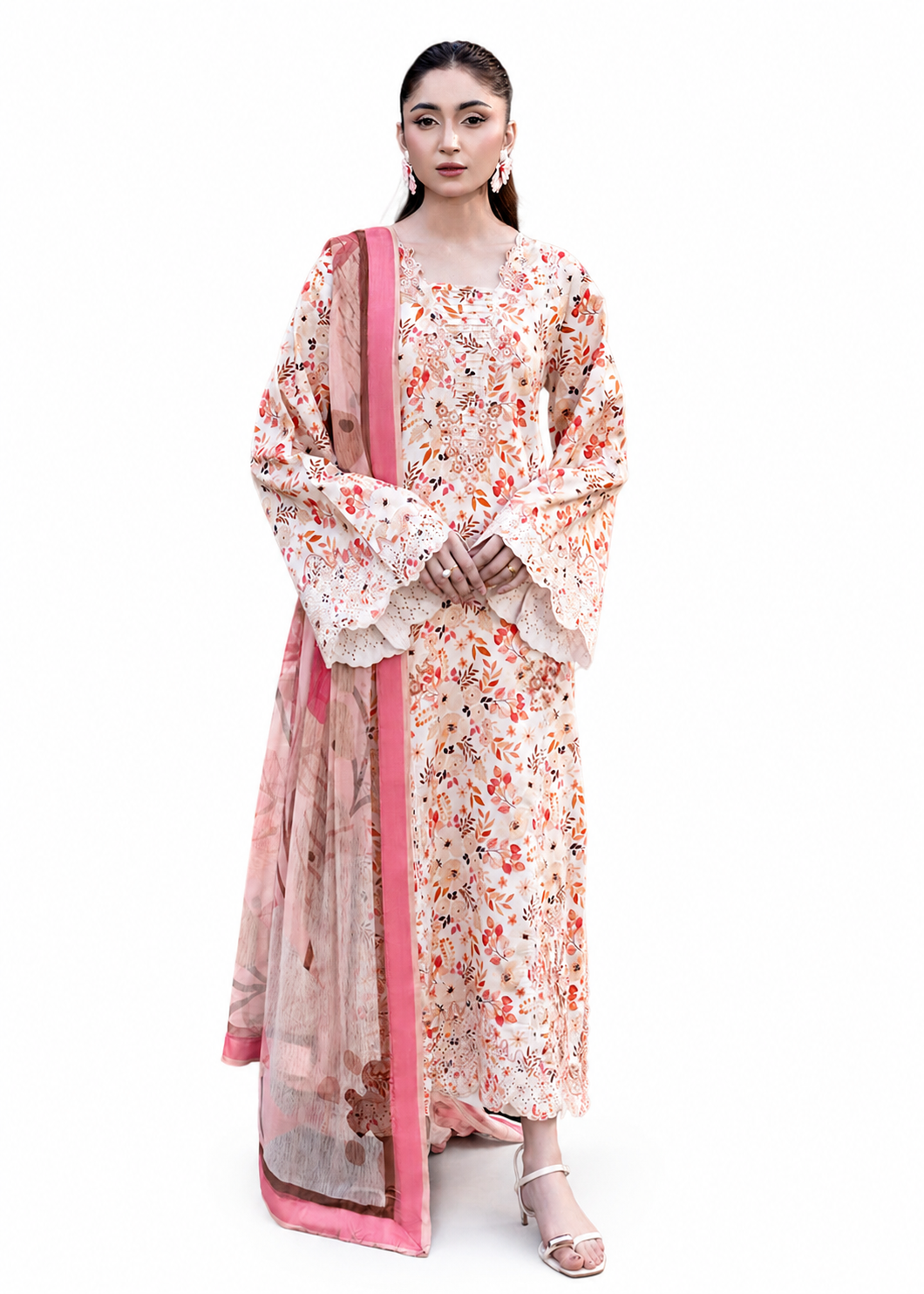 Peach Orange Embroidered Lawn 3 Piece Unstitched Suit with Chiffon Dupatta