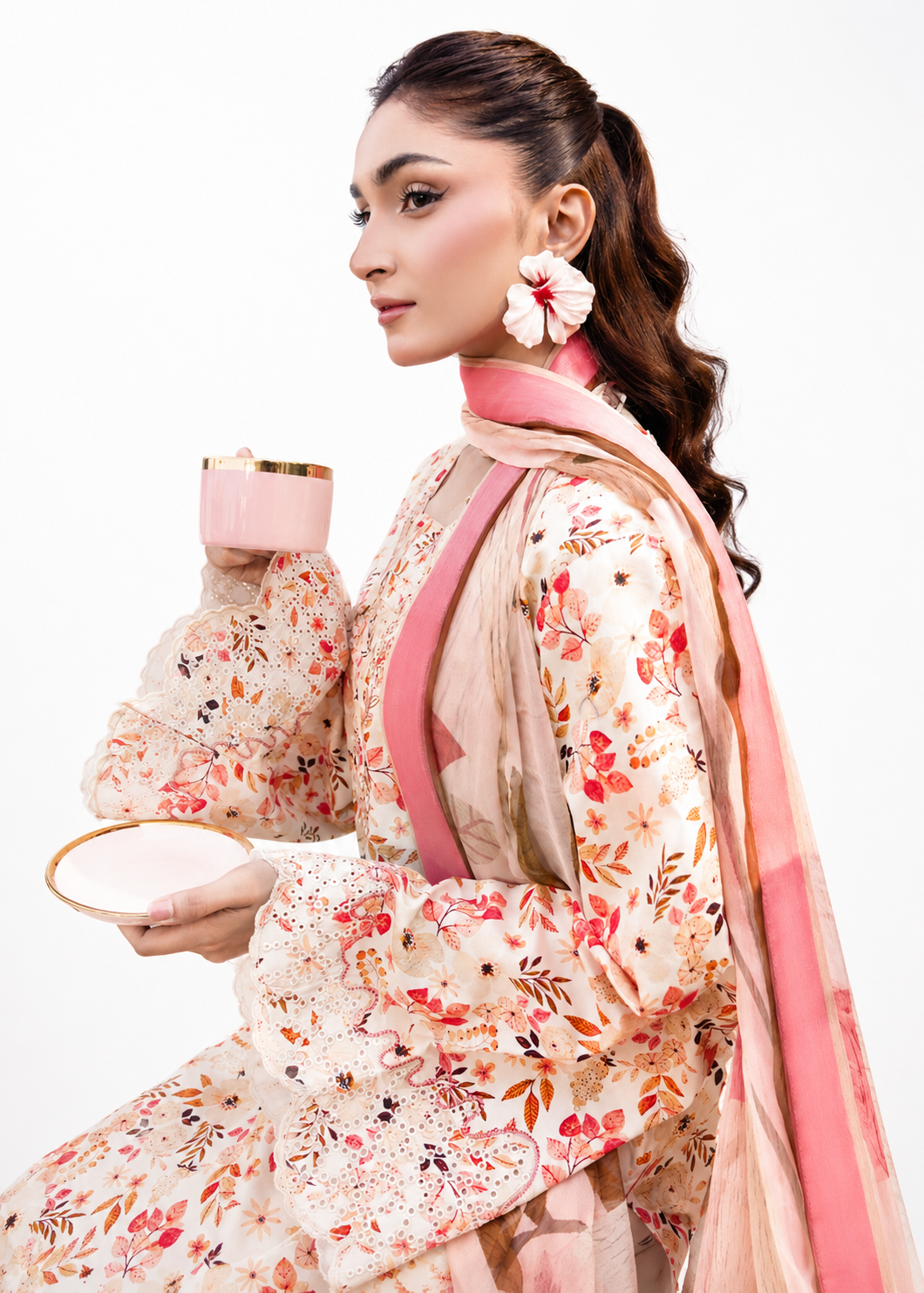 Peach Orange Embroidered Lawn 3 Piece Unstitched Suit with Chiffon Dupatta