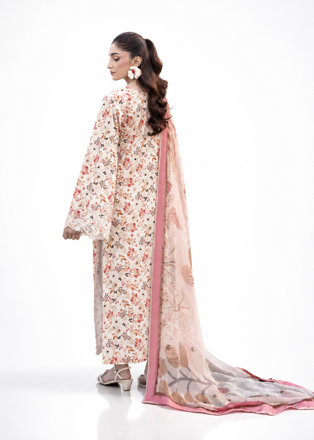 Peach Orange Embroidered Lawn 3 Piece Unstitched Suit with Chiffon Dupatta